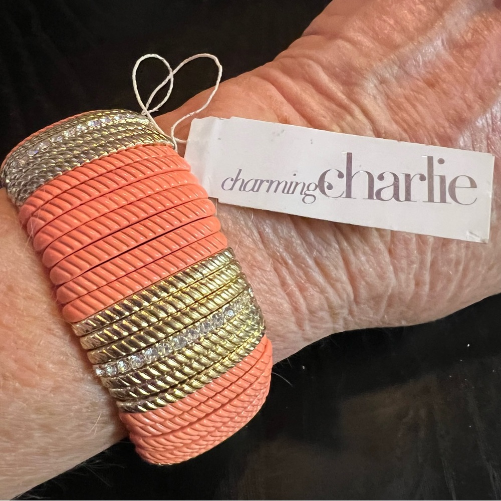Charming Charlie Stretch Bracelet Gold tone, orange/peach and Clear Rhinestones
